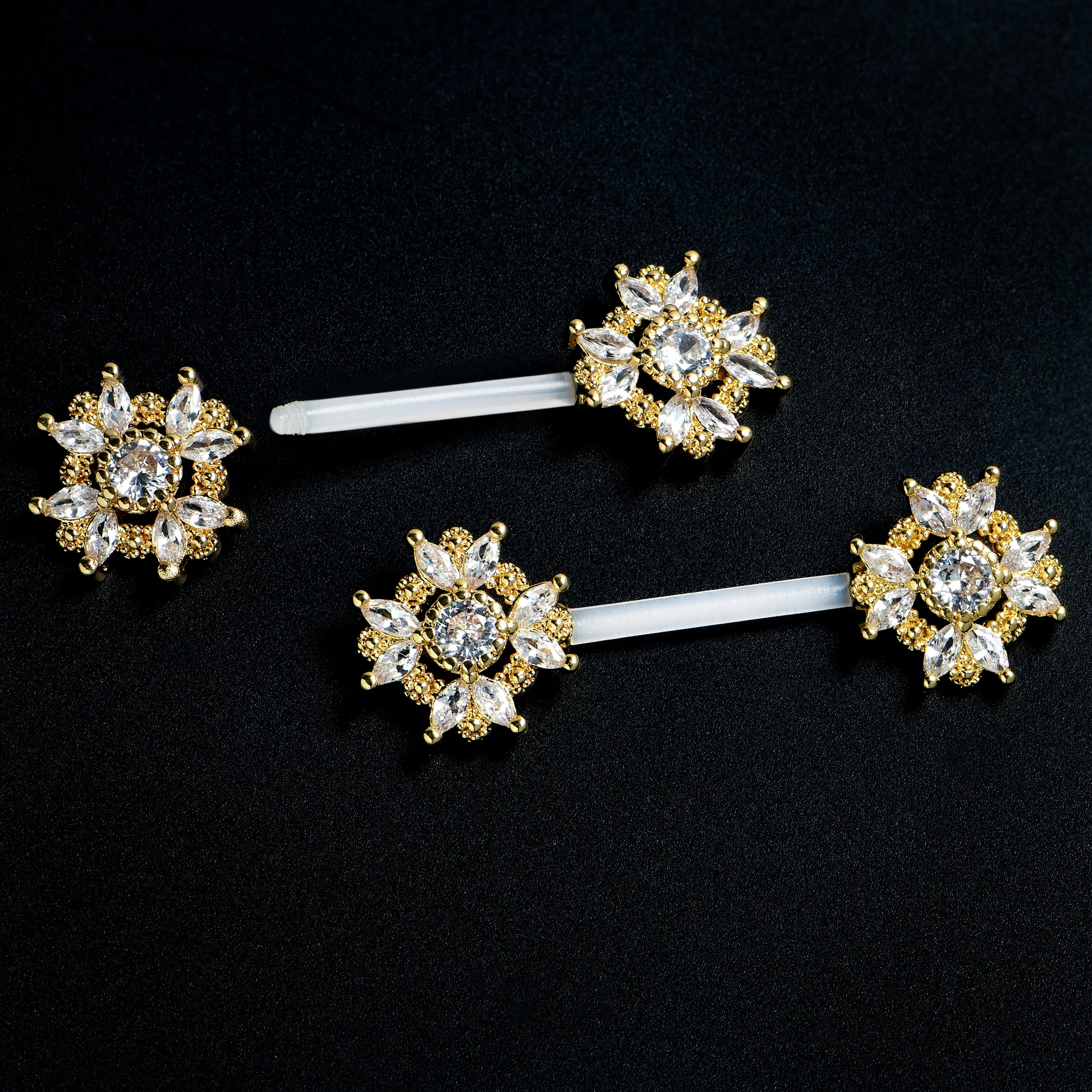 14 Gauge 9/16 Clear Gem Classic Cross PTFE Bioplast Barbell Nipple Ring Set