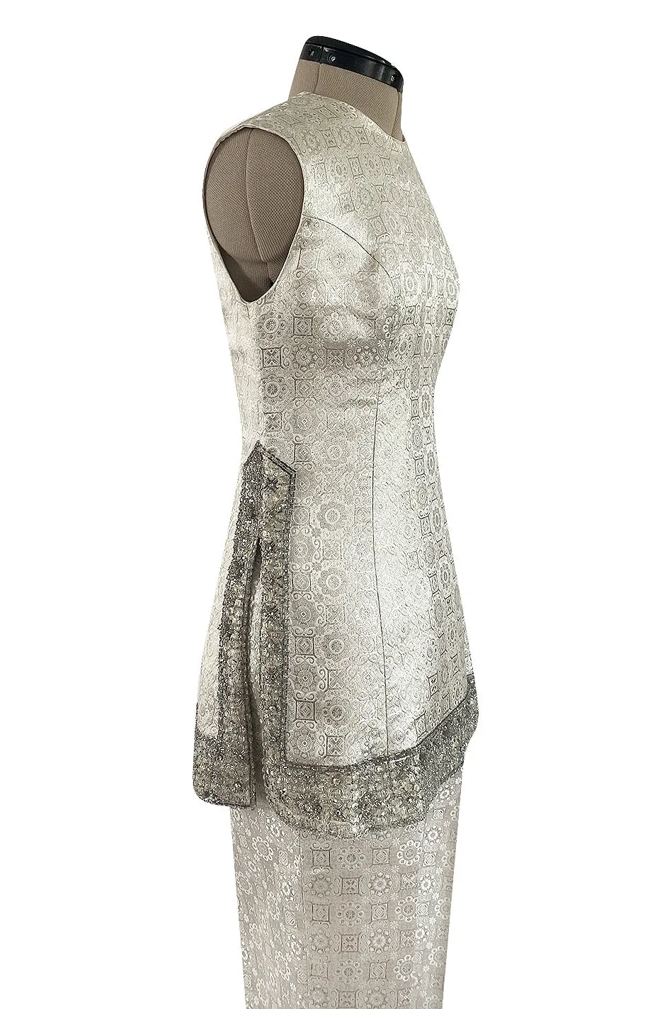 1960s Malcolm Starr Silver Silk Brocade Pant & Tunic Set w Extensive Beaded Detailing