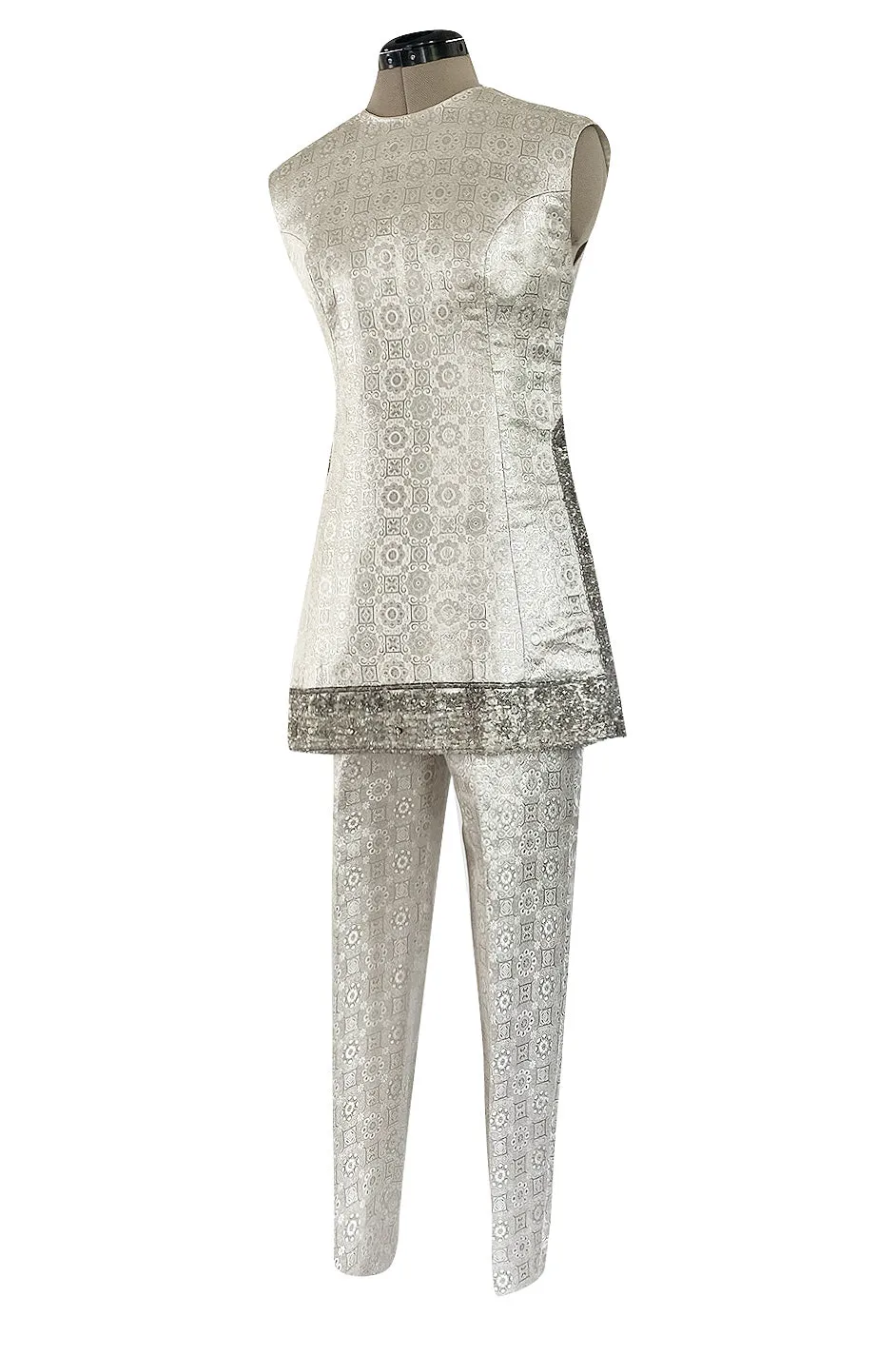 1960s Malcolm Starr Silver Silk Brocade Pant & Tunic Set w Extensive Beaded Detailing