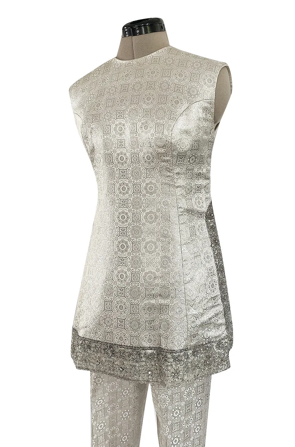 1960s Malcolm Starr Silver Silk Brocade Pant & Tunic Set w Extensive Beaded Detailing