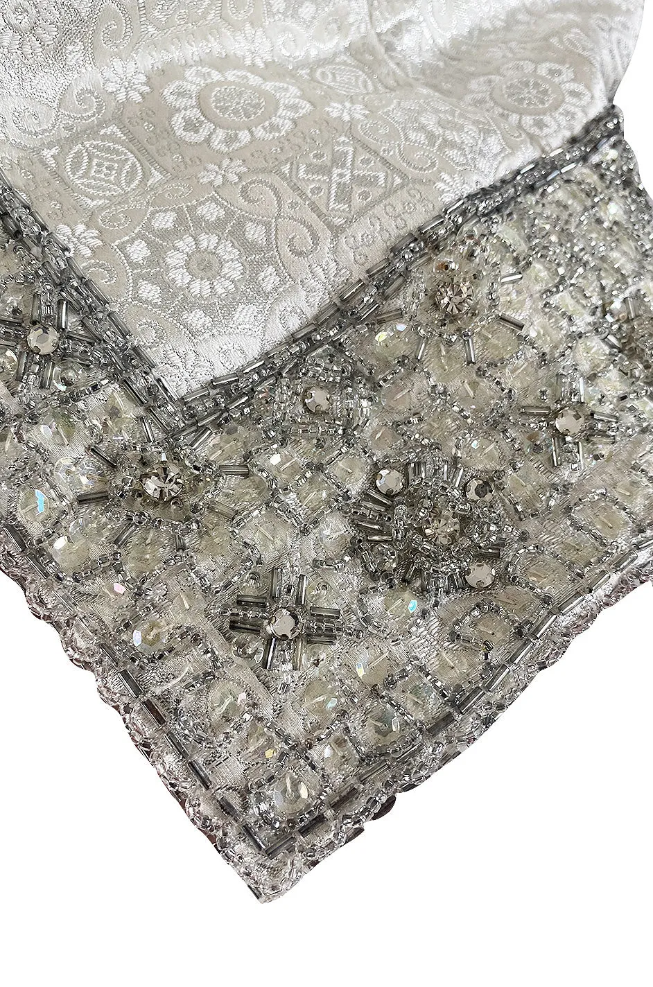 1960s Malcolm Starr Silver Silk Brocade Pant & Tunic Set w Extensive Beaded Detailing