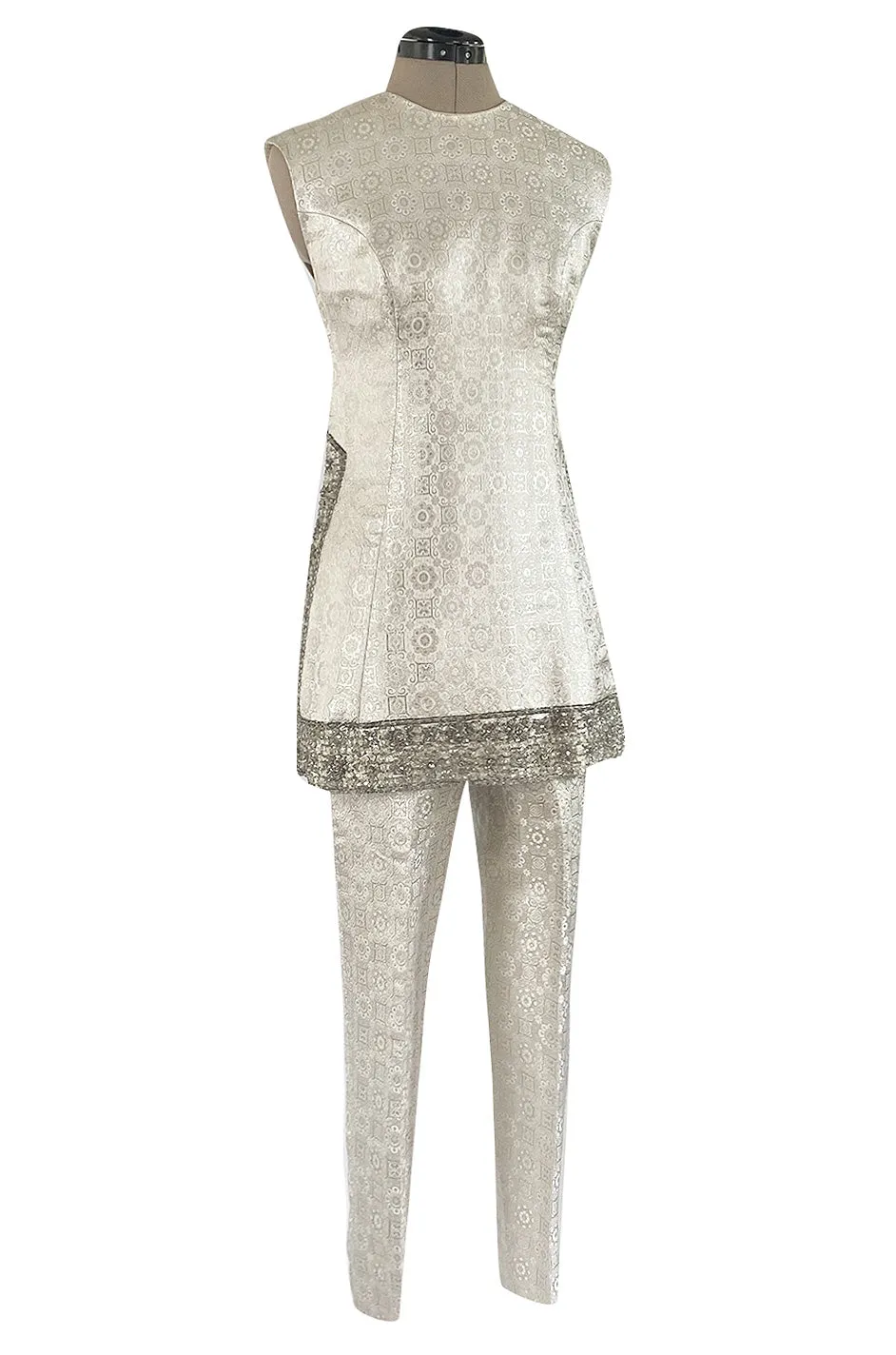 1960s Malcolm Starr Silver Silk Brocade Pant & Tunic Set w Extensive Beaded Detailing