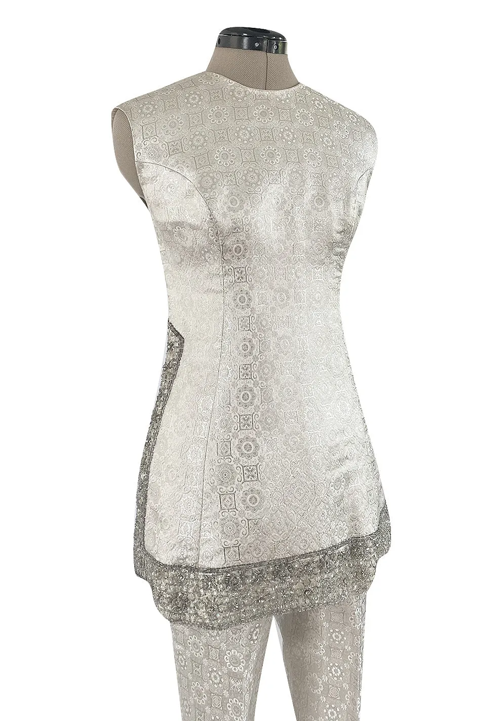 1960s Malcolm Starr Silver Silk Brocade Pant & Tunic Set w Extensive Beaded Detailing