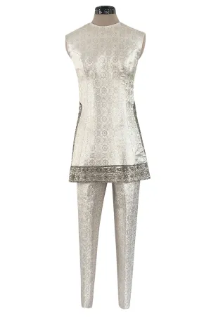 1960s Malcolm Starr Silver Silk Brocade Pant & Tunic Set w Extensive Beaded Detailing