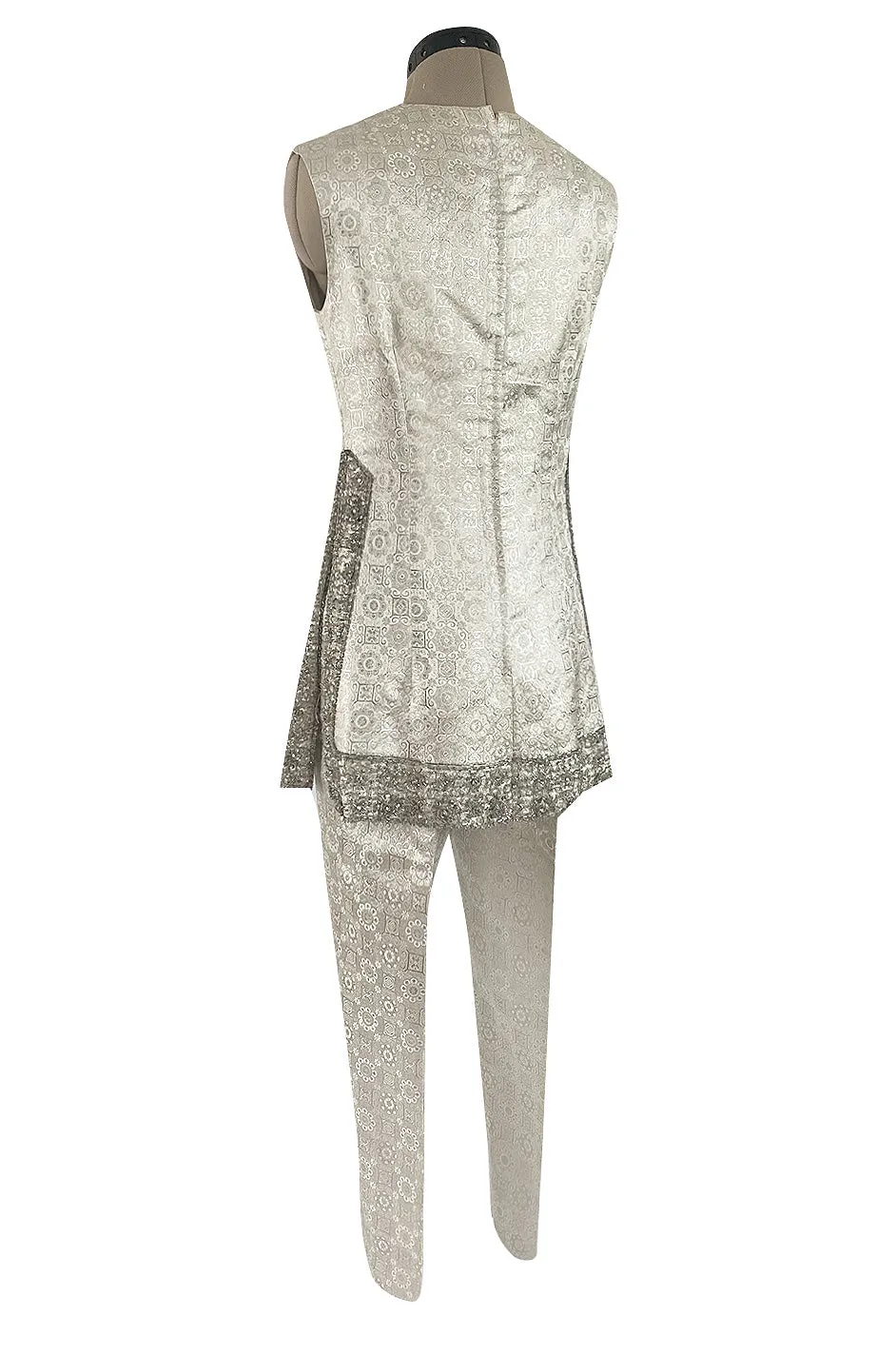 1960s Malcolm Starr Silver Silk Brocade Pant & Tunic Set w Extensive Beaded Detailing