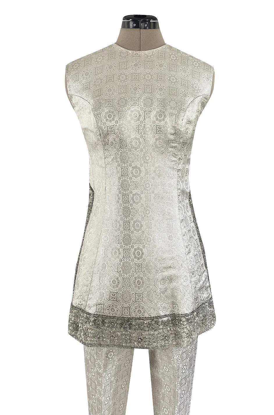 1960s Malcolm Starr Silver Silk Brocade Pant & Tunic Set w Extensive Beaded Detailing