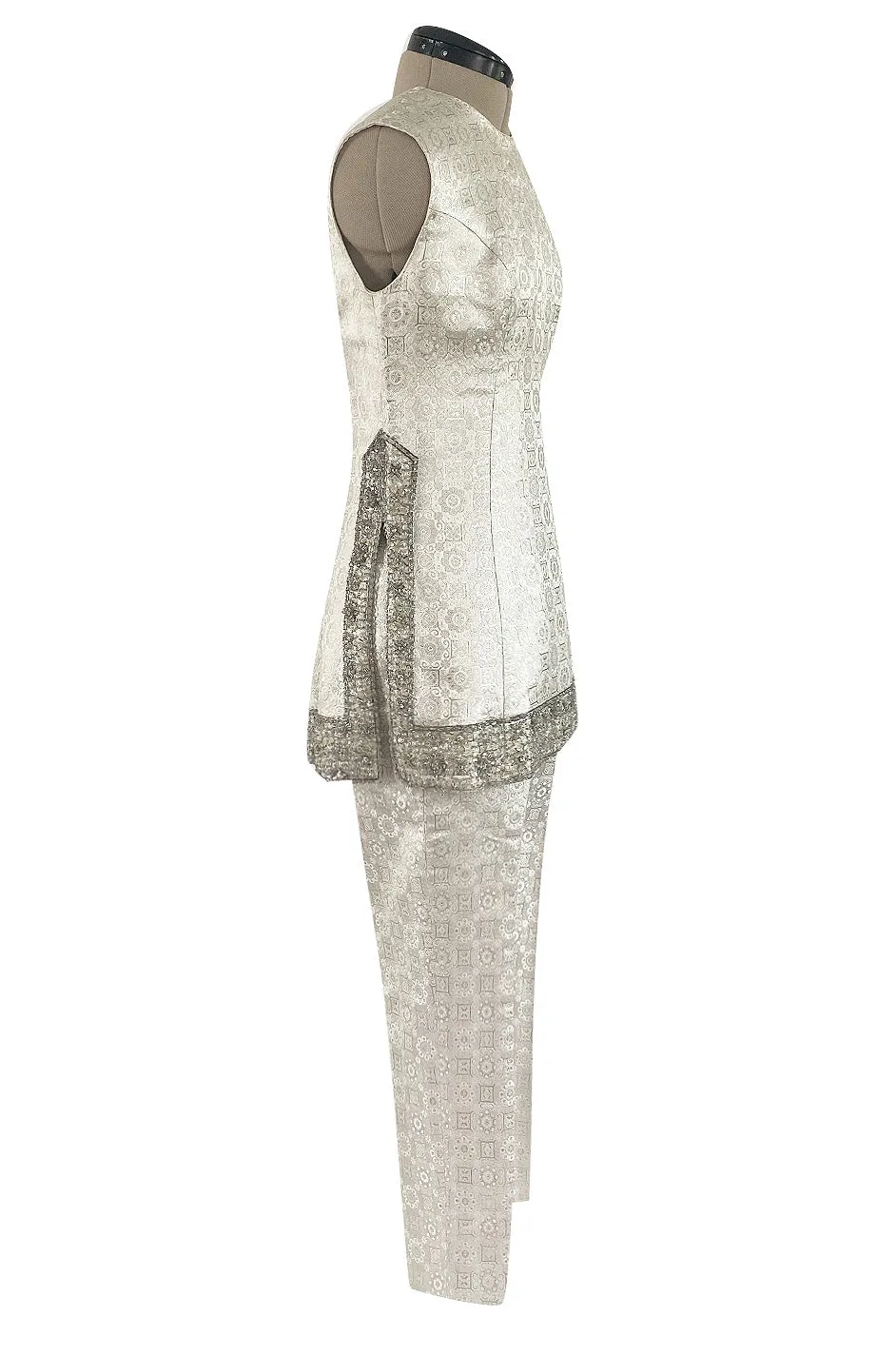 1960s Malcolm Starr Silver Silk Brocade Pant & Tunic Set w Extensive Beaded Detailing