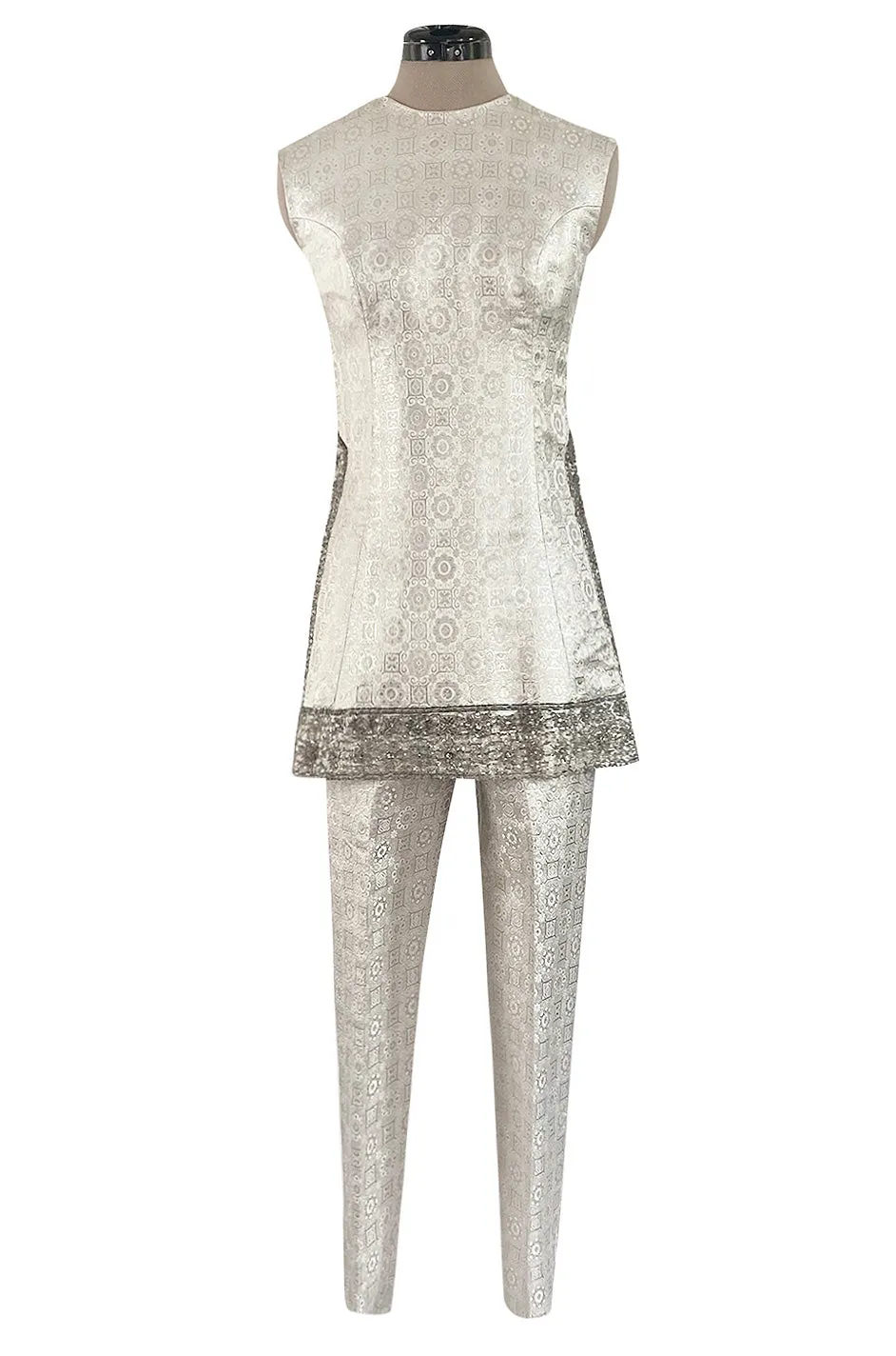 1960s Malcolm Starr Silver Silk Brocade Pant & Tunic Set w Extensive Beaded Detailing
