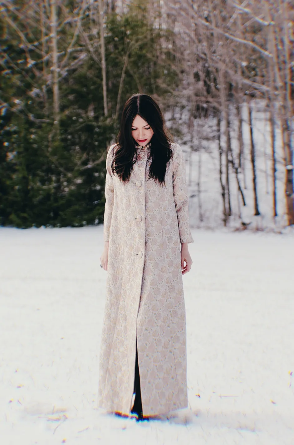 1960s Unlabeled Pink & Gold Metallic Silk Brocade Maxi Coat