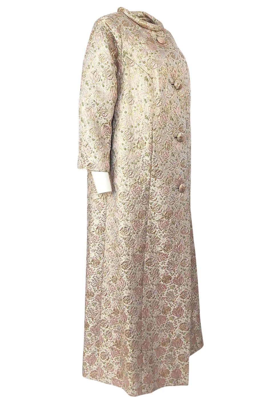 1960s Unlabeled Pink & Gold Metallic Silk Brocade Maxi Coat