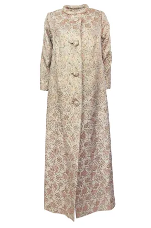 1960s Unlabeled Pink & Gold Metallic Silk Brocade Maxi Coat