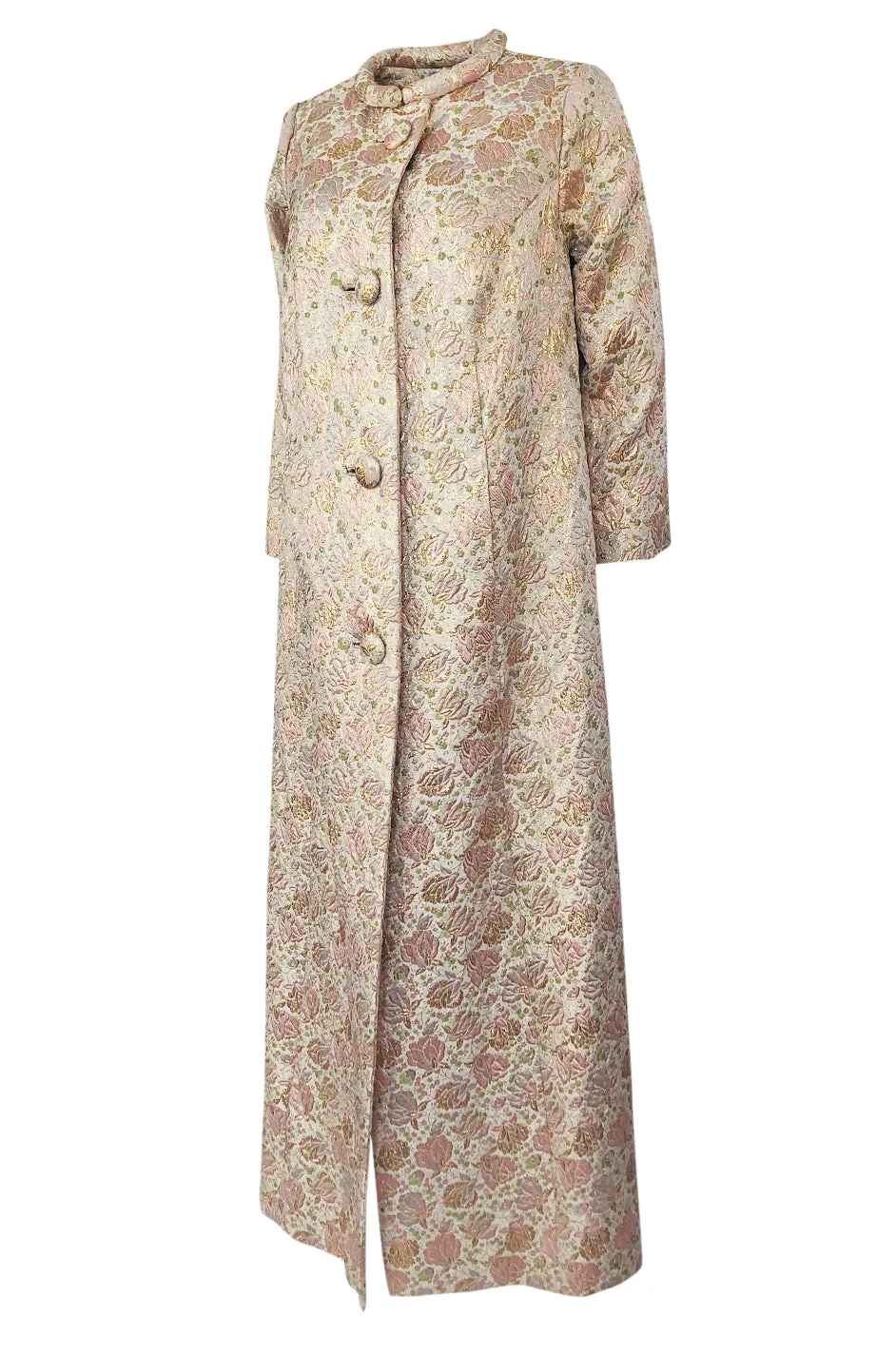 1960s Unlabeled Pink & Gold Metallic Silk Brocade Maxi Coat