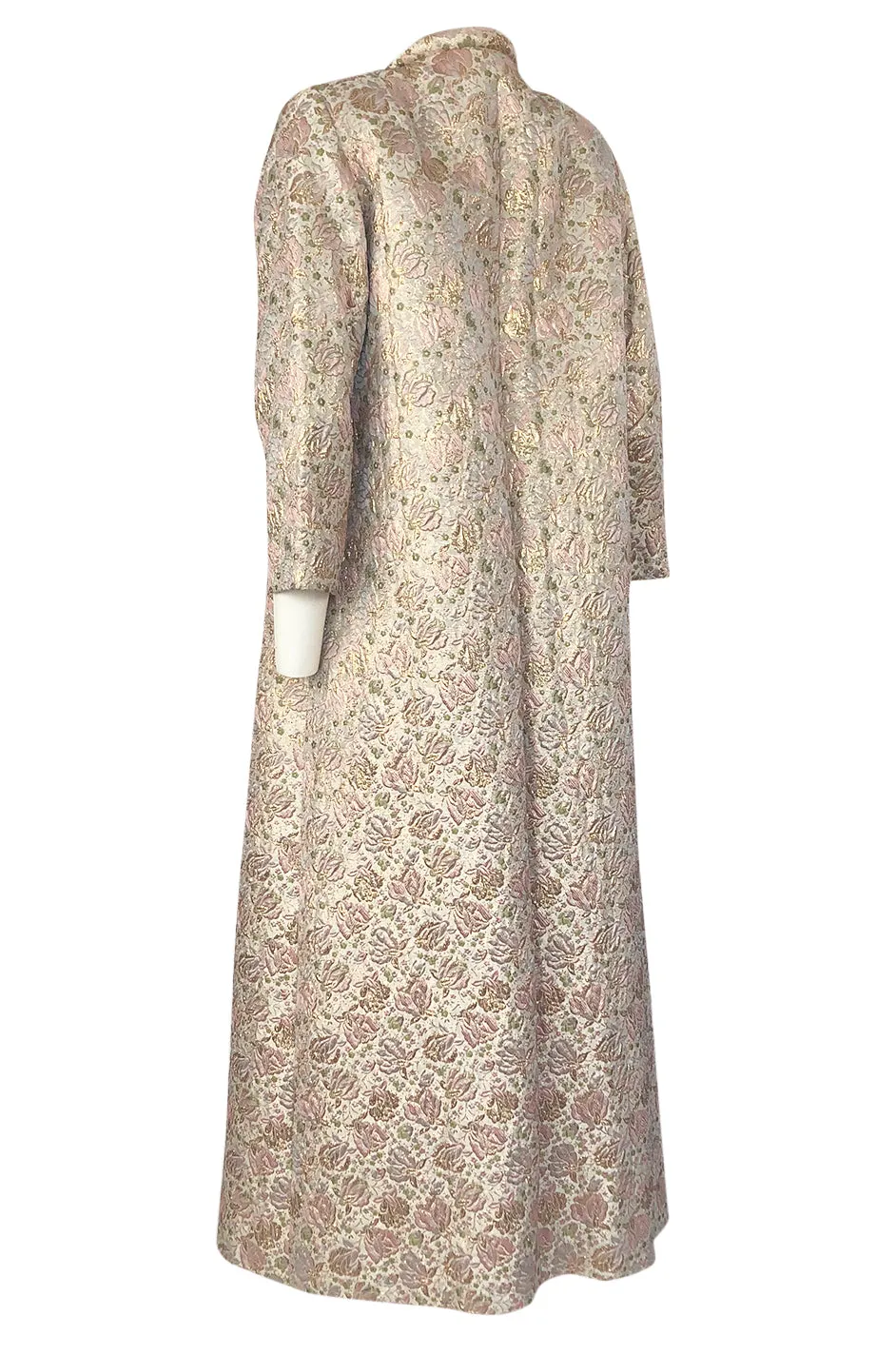 1960s Unlabeled Pink & Gold Metallic Silk Brocade Maxi Coat
