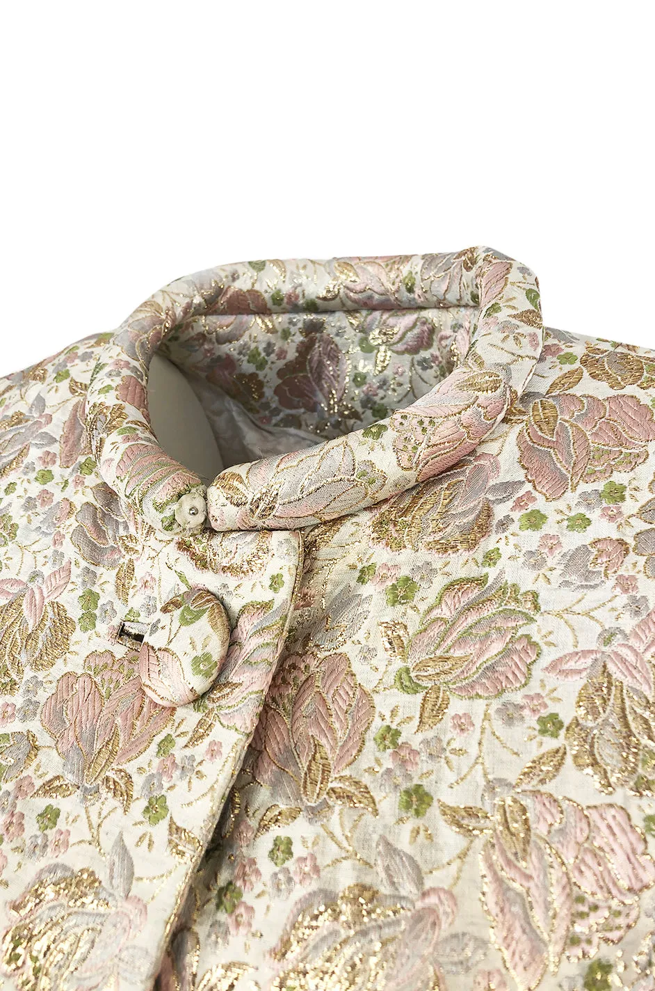 1960s Unlabeled Pink & Gold Metallic Silk Brocade Maxi Coat