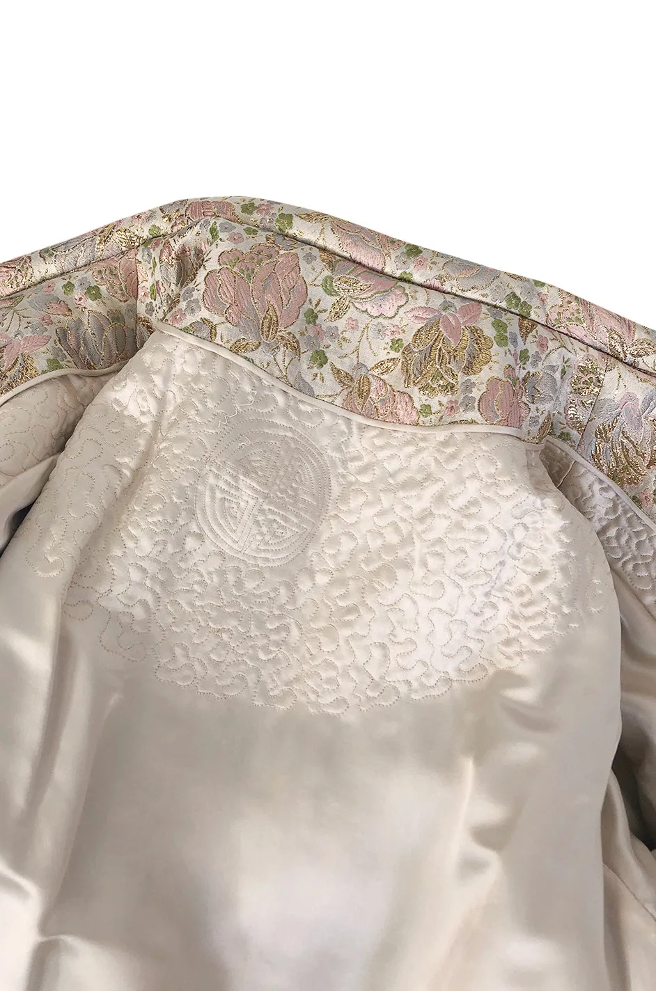 1960s Unlabeled Pink & Gold Metallic Silk Brocade Maxi Coat