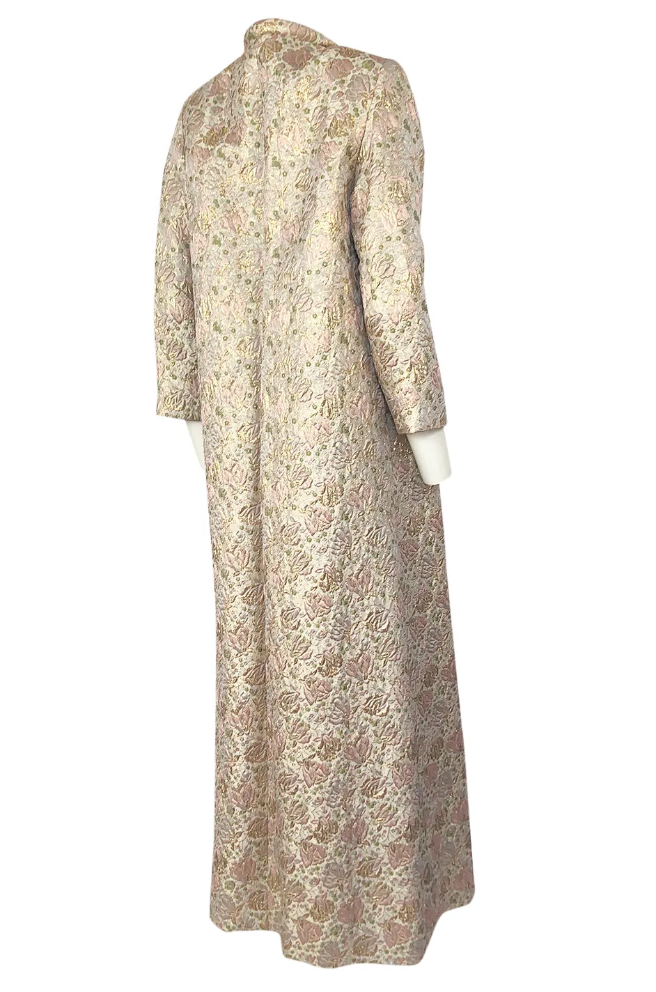 1960s Unlabeled Pink & Gold Metallic Silk Brocade Maxi Coat