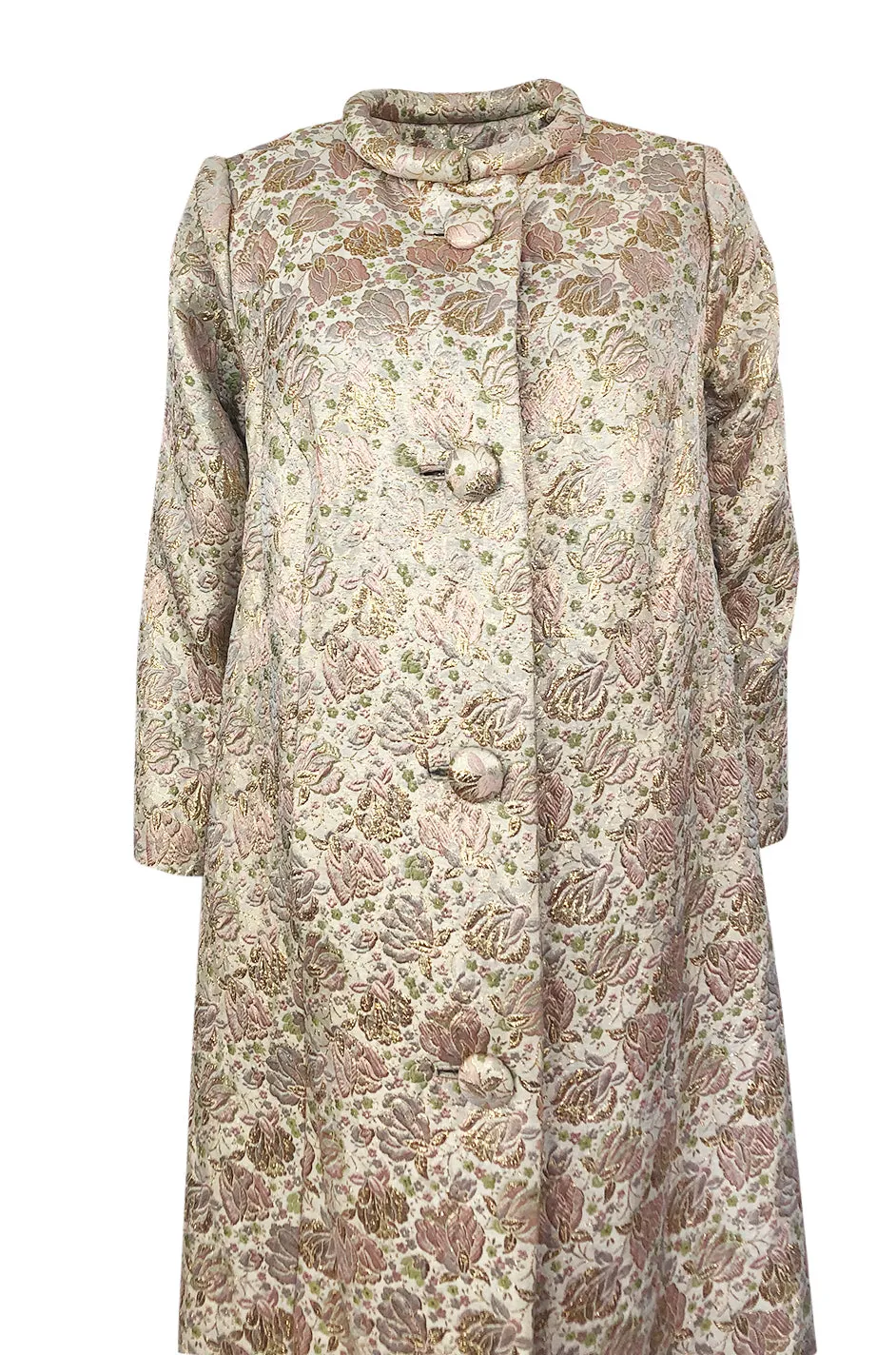 1960s Unlabeled Pink & Gold Metallic Silk Brocade Maxi Coat