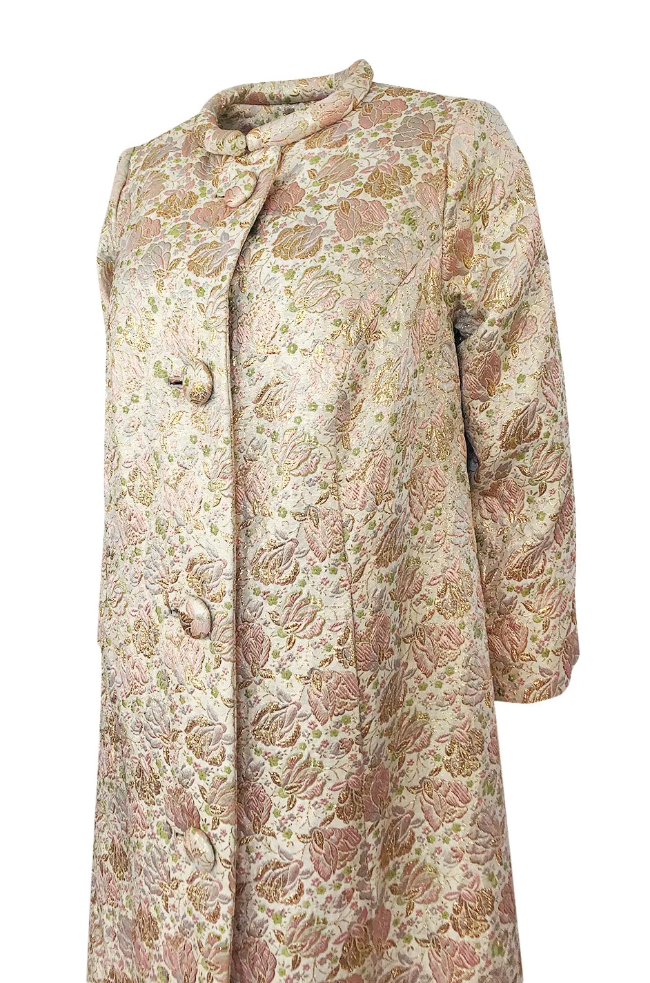 1960s Unlabeled Pink & Gold Metallic Silk Brocade Maxi Coat