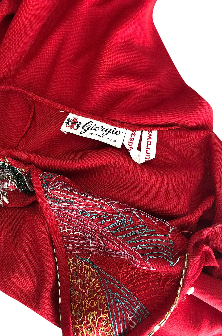 1970s Stephen Burrows Hand Beaded Red Jersey Halter Dress