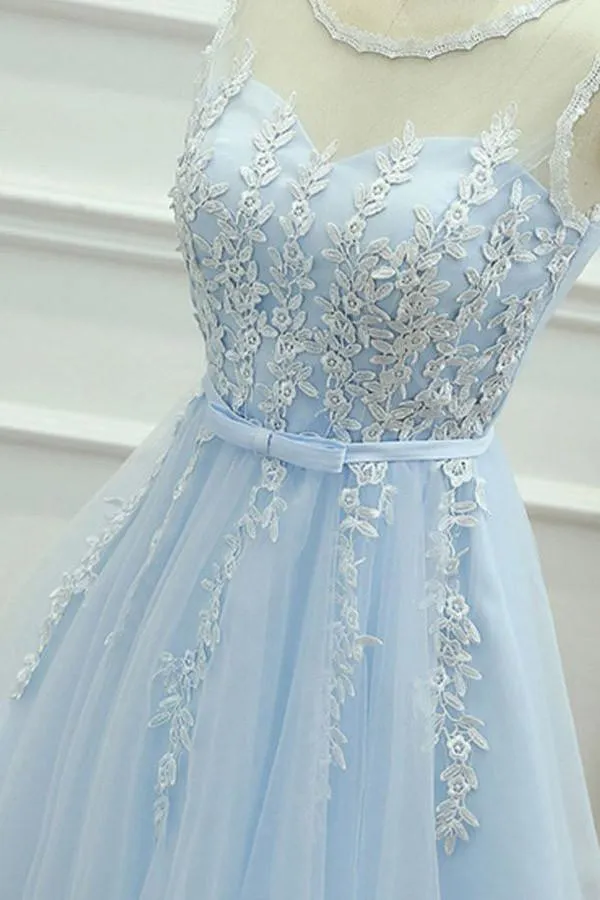 A-Line Jewel Short Blue Tulle Homecoming Dress with Sash Appliques PG121