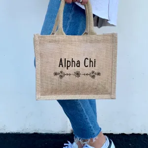 Alpha Chi Omega Floral Burlap Sorority Tote Bag – Perfect for Greek Life and College