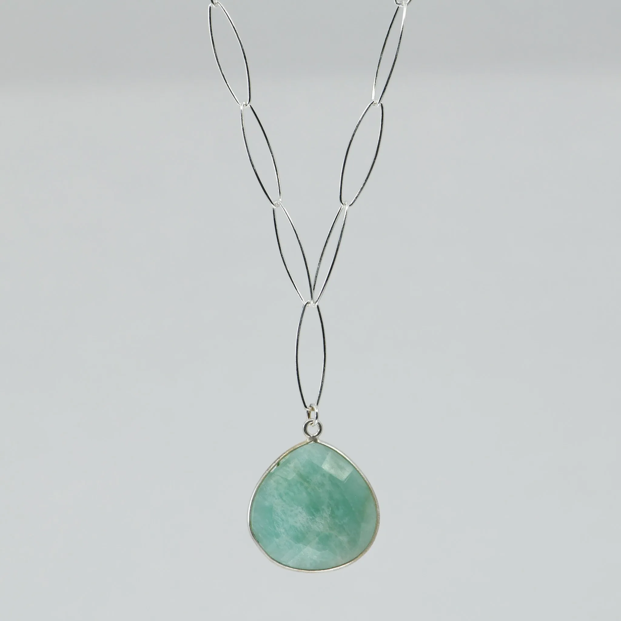 Amazonite Pendant Necklace Sterling Silver | 18" Marquise Chain | Handmade Green Stone Jewelry