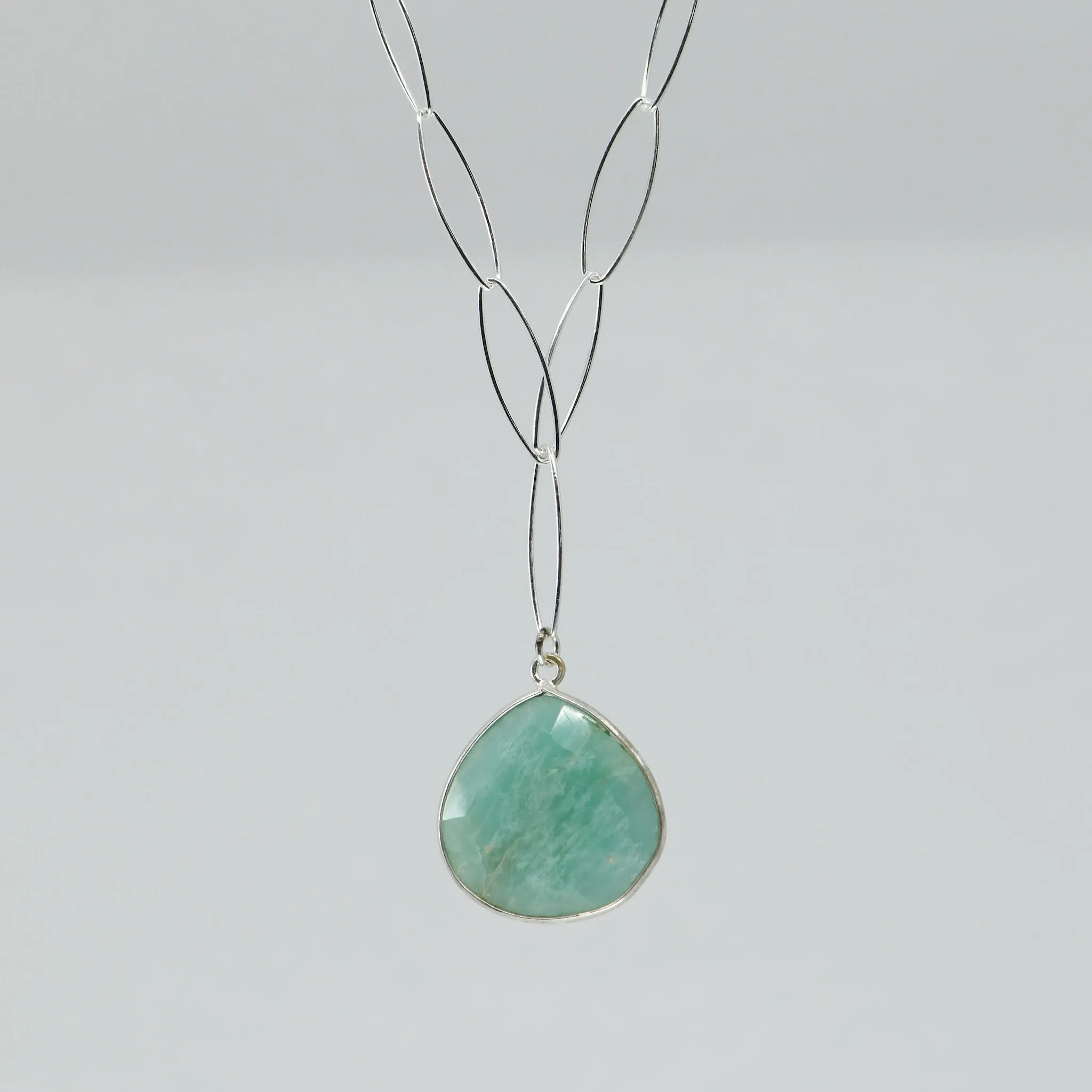 Amazonite Pendant Necklace Sterling Silver | 18" Marquise Chain | Handmade Green Stone Jewelry