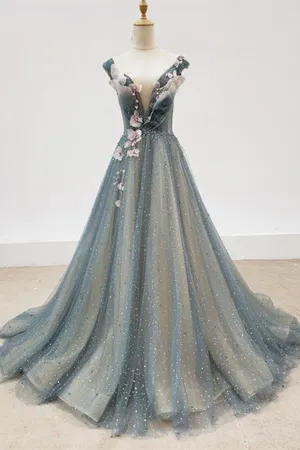 Anneprom Chic A line Gray Blue V neck Long Beaded Prom Dress Tulle Floral Evening Party Dress APP0593