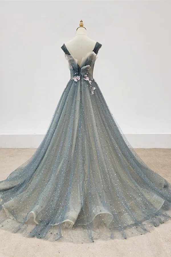 Anneprom Chic A line Gray Blue V neck Long Beaded Prom Dress Tulle Floral Evening Party Dress APP0593