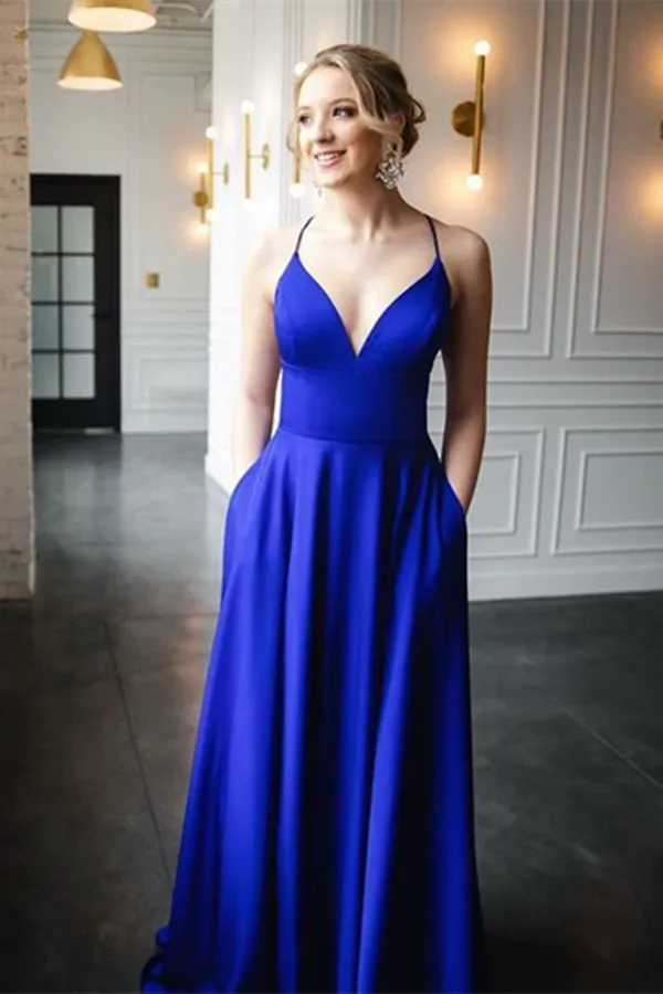 Anneprom Chic A Line Spaghetti Straps V Neck Prom Dresses Evening Dresses APP0503