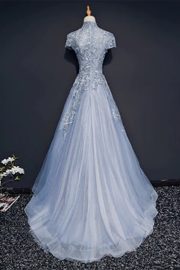 Anneprom Chic High Neck Prom Dress Blue Short Sleeve Long Prom Dress Evening Dress APP0572