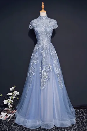Anneprom Chic High Neck Prom Dress Blue Short Sleeve Long Prom Dress Evening Dress APP0572