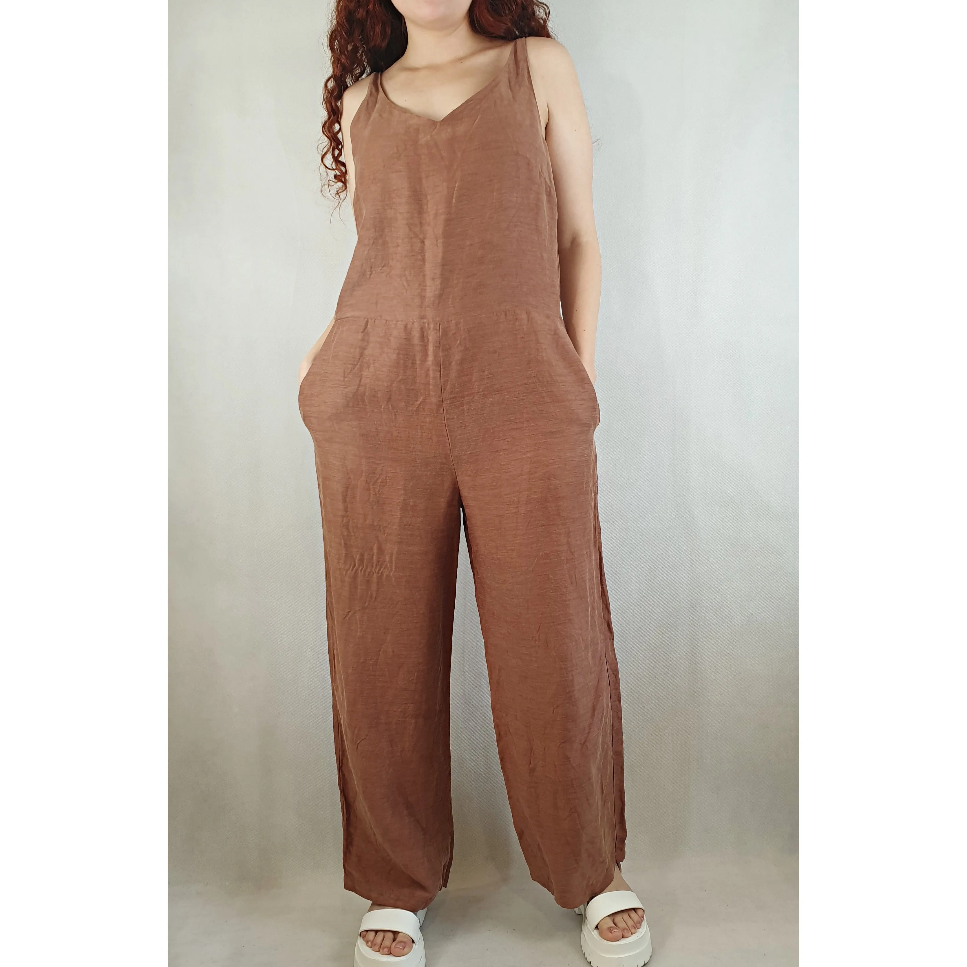 Assembly Label pre-owned brown wide leg spagetti strap jumpsuit size 10