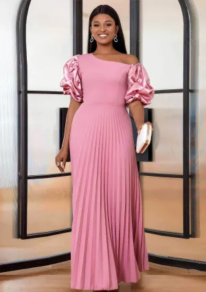 Asymmetrical Shoulder Puff Sleeve Pleated Hem Dress