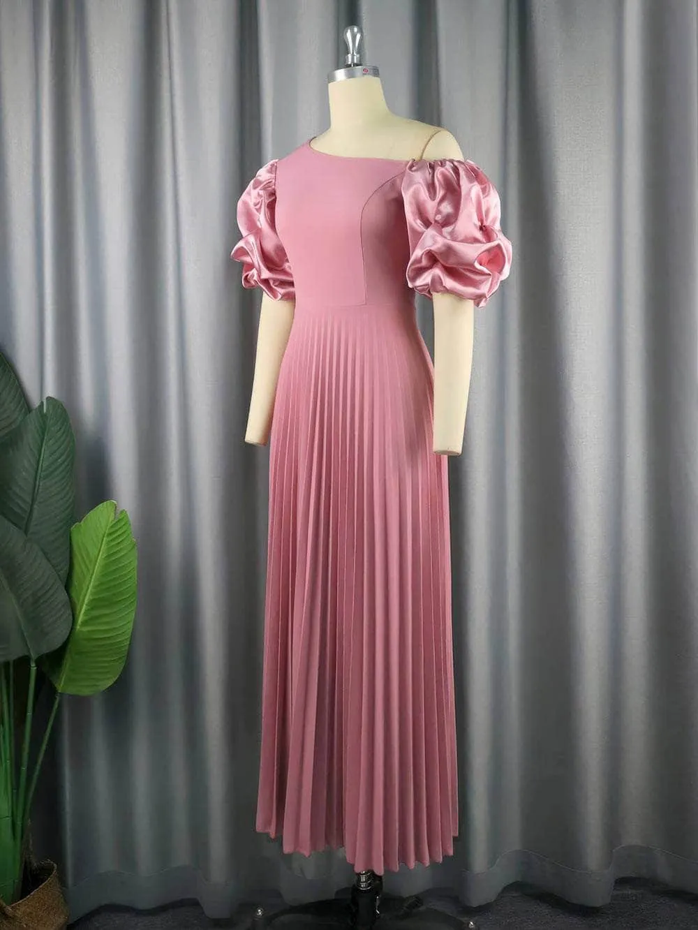 Asymmetrical Shoulder Puff Sleeve Pleated Hem Dress