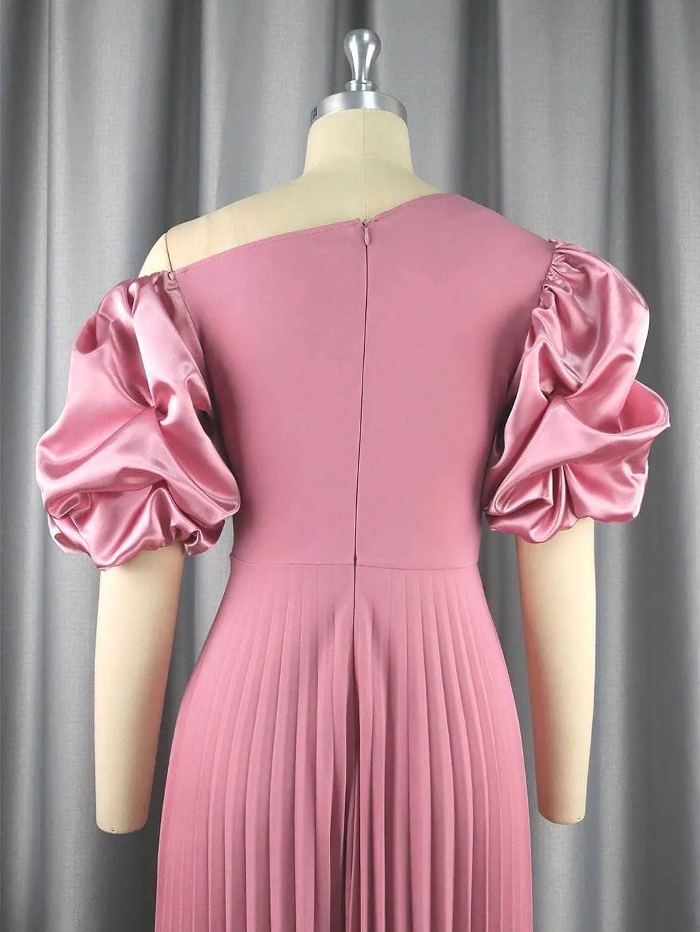 Asymmetrical Shoulder Puff Sleeve Pleated Hem Dress