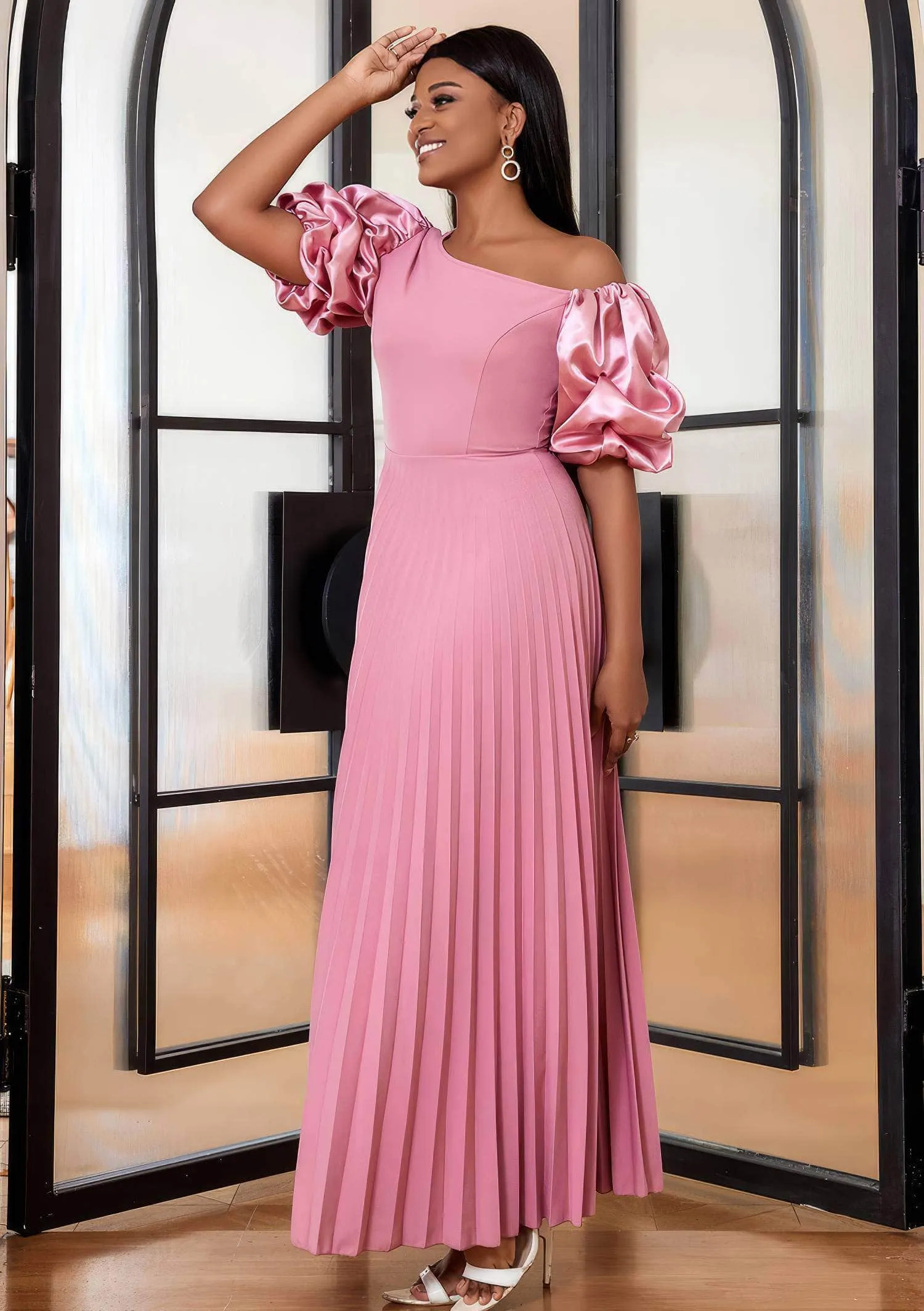 Asymmetrical Shoulder Puff Sleeve Pleated Hem Dress
