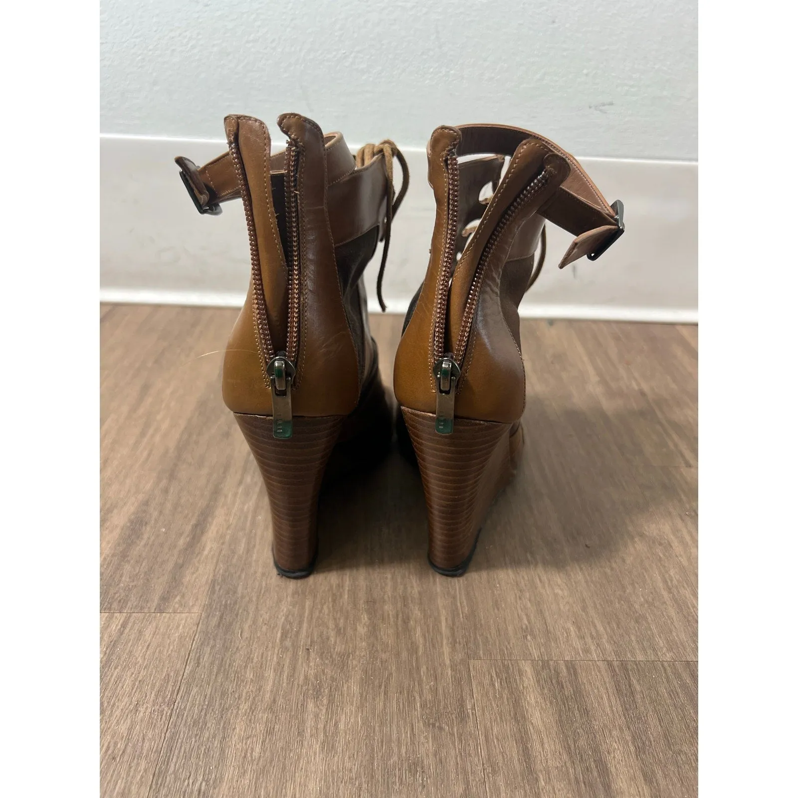 Barbara Bui Brown Suede Mixed Media Lace up Wedge Booties Sz 38 (7.5)