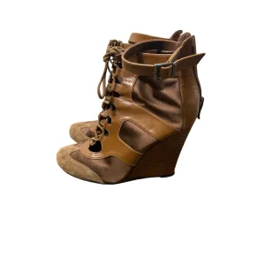 Barbara Bui Brown Suede Mixed Media Lace up Wedge Booties Sz 38 (7.5)