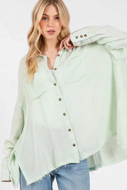 Basic Vibes Light Green Frayed Hem Side Slit Button Down Shirt