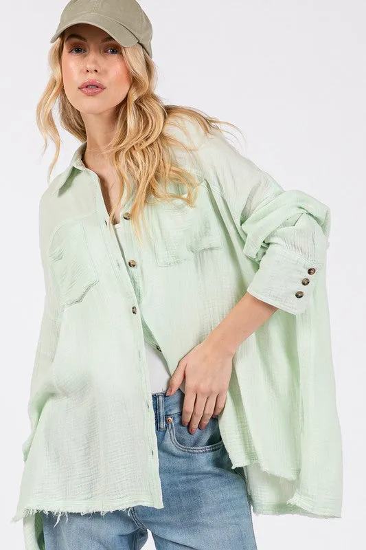 Basic Vibes Light Green Frayed Hem Side Slit Button Down Shirt