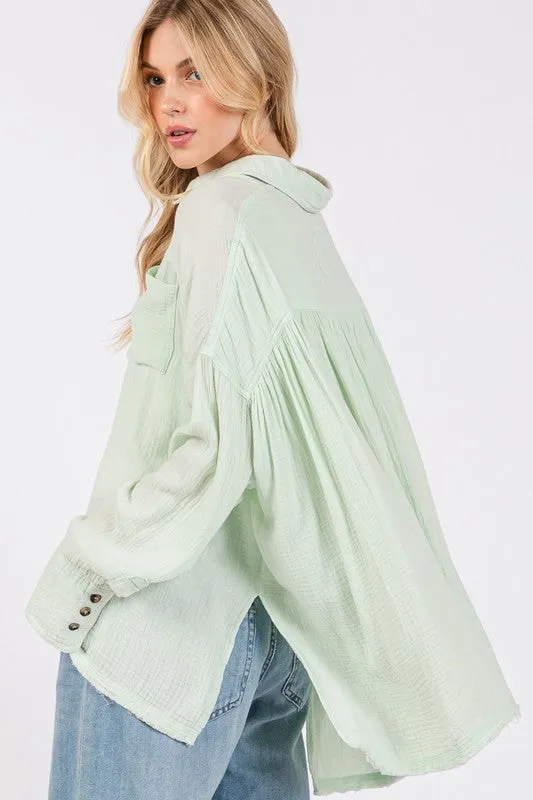 Basic Vibes Light Green Frayed Hem Side Slit Button Down Shirt