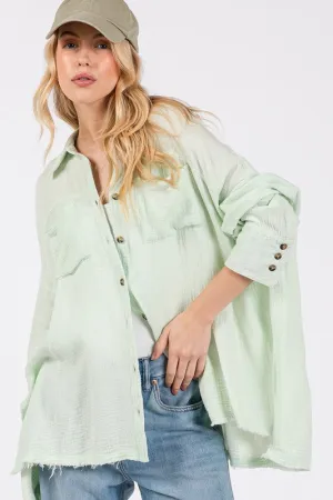 Basic Vibes Light Green Frayed Hem Side Slit Button Down Shirt