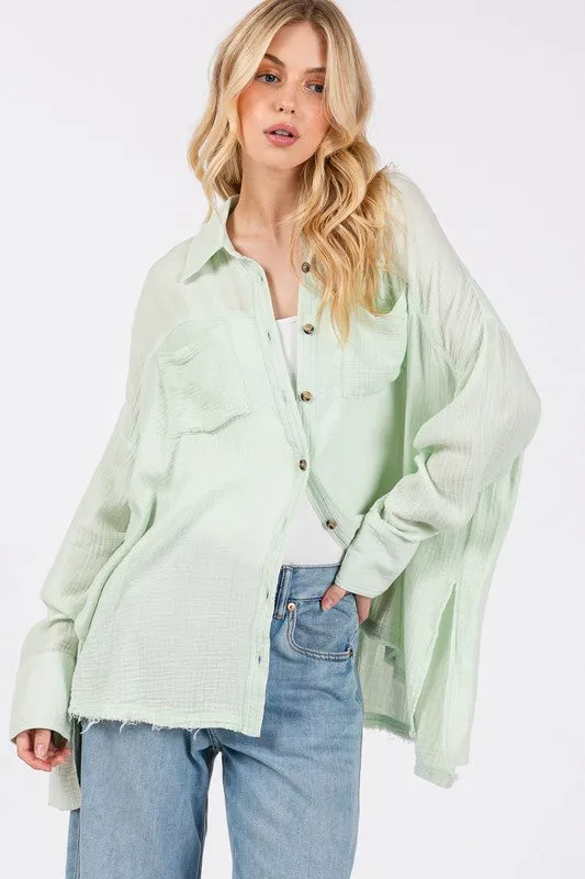 Basic Vibes Light Green Frayed Hem Side Slit Button Down Shirt