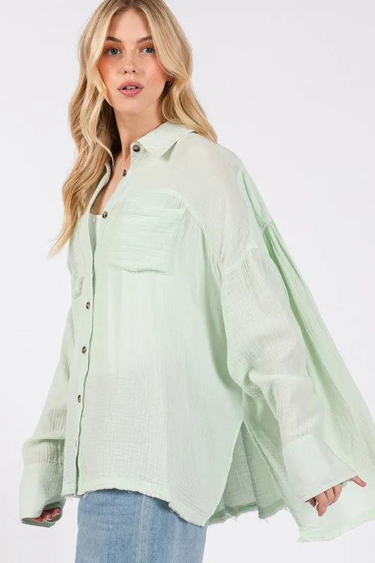 Basic Vibes Light Green Frayed Hem Side Slit Button Down Shirt