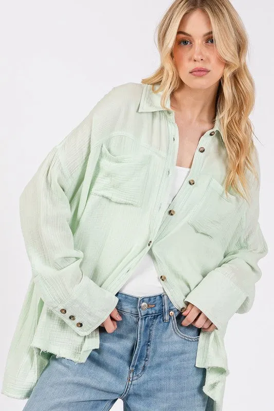 Basic Vibes Light Green Frayed Hem Side Slit Button Down Shirt