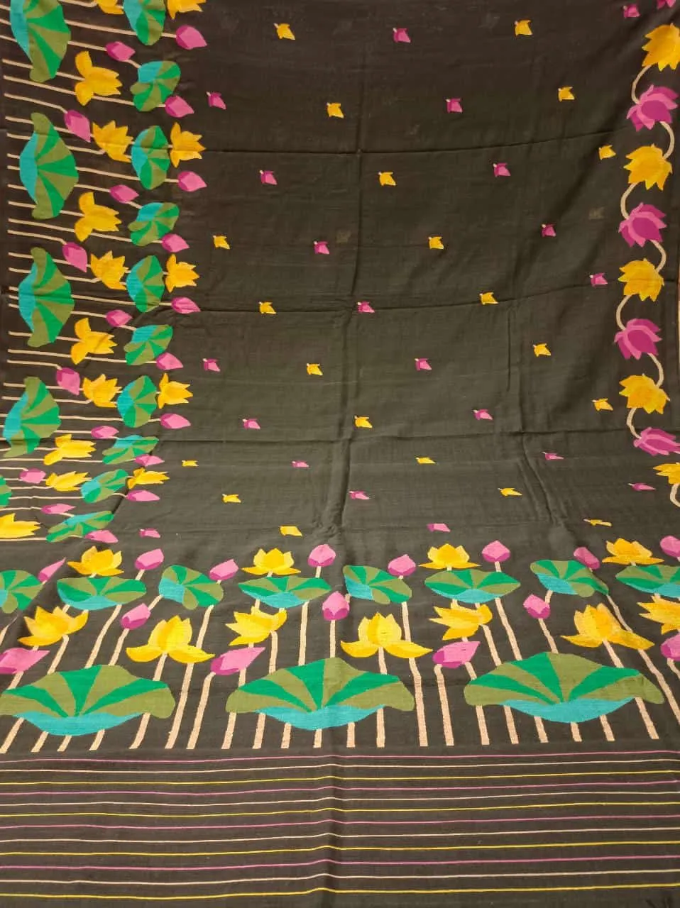 Black & Multi Coloured, handspun, handwoven soft cotton Jamdani saree