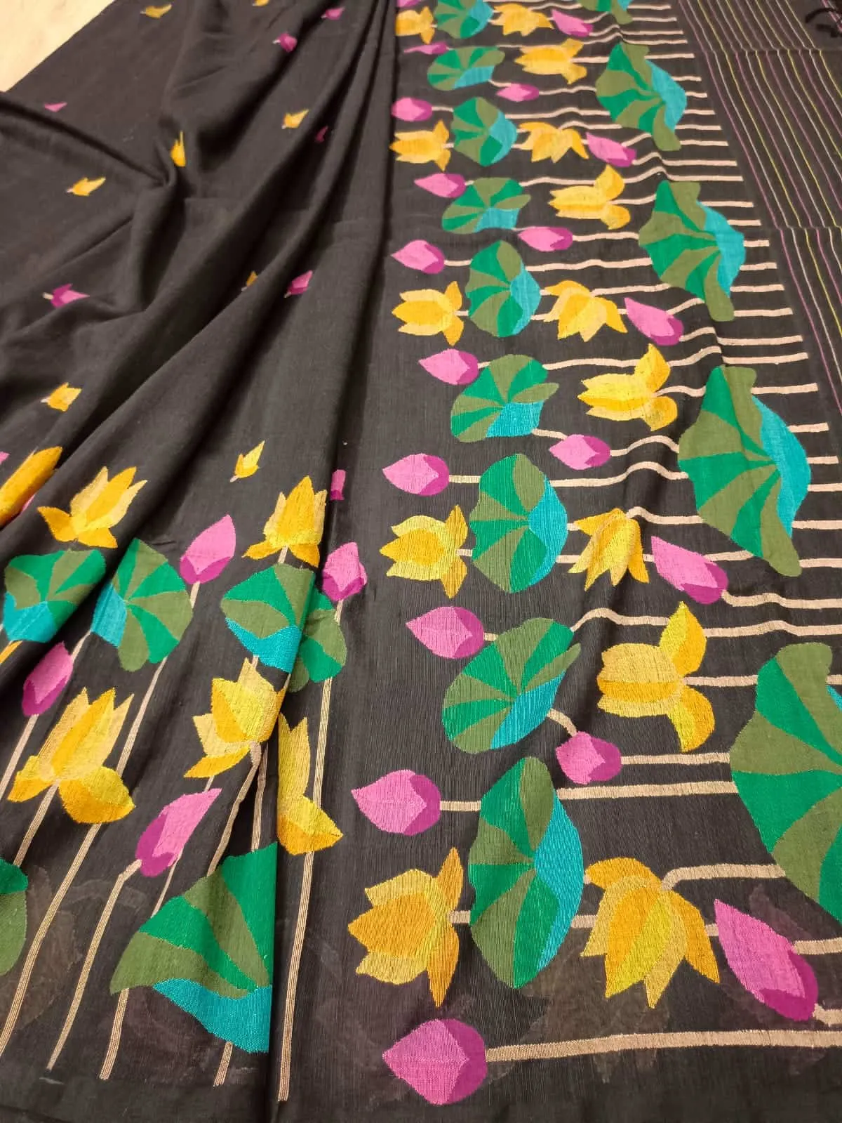 Black & Multi Coloured, handspun, handwoven soft cotton Jamdani saree