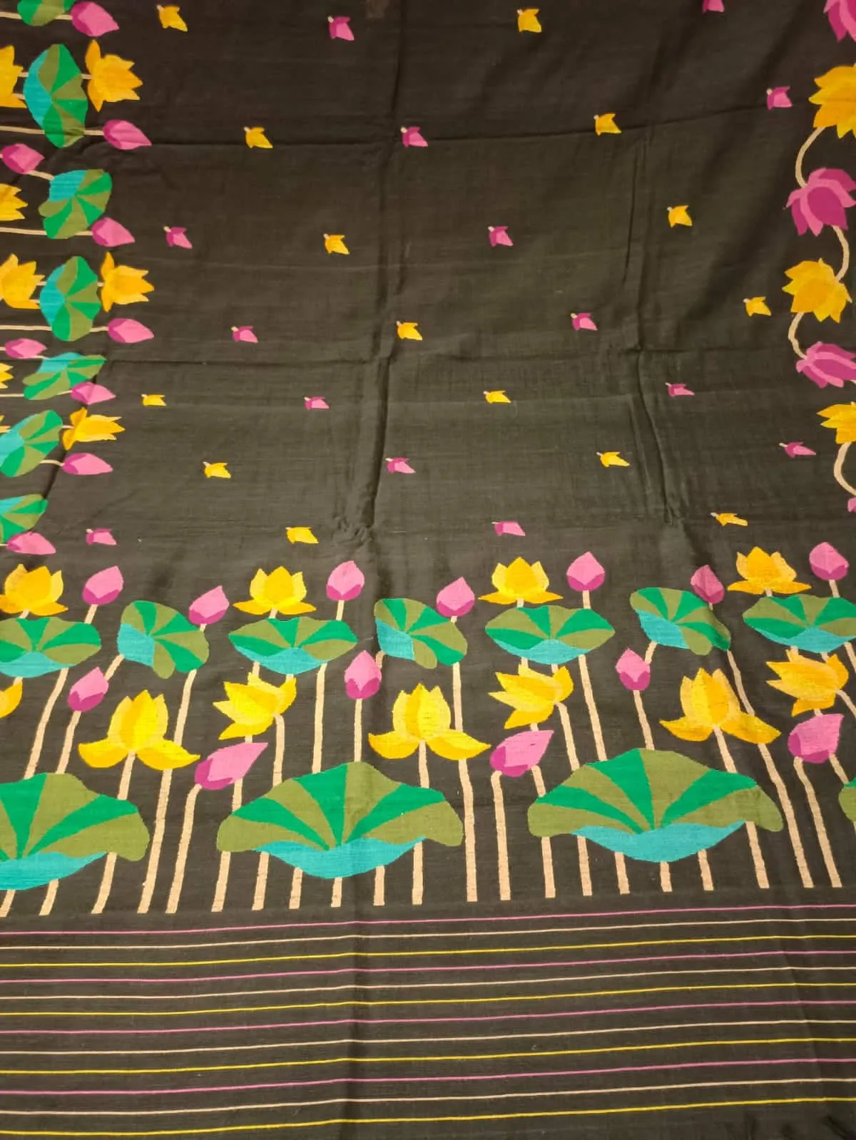 Black & Multi Coloured, handspun, handwoven soft cotton Jamdani saree