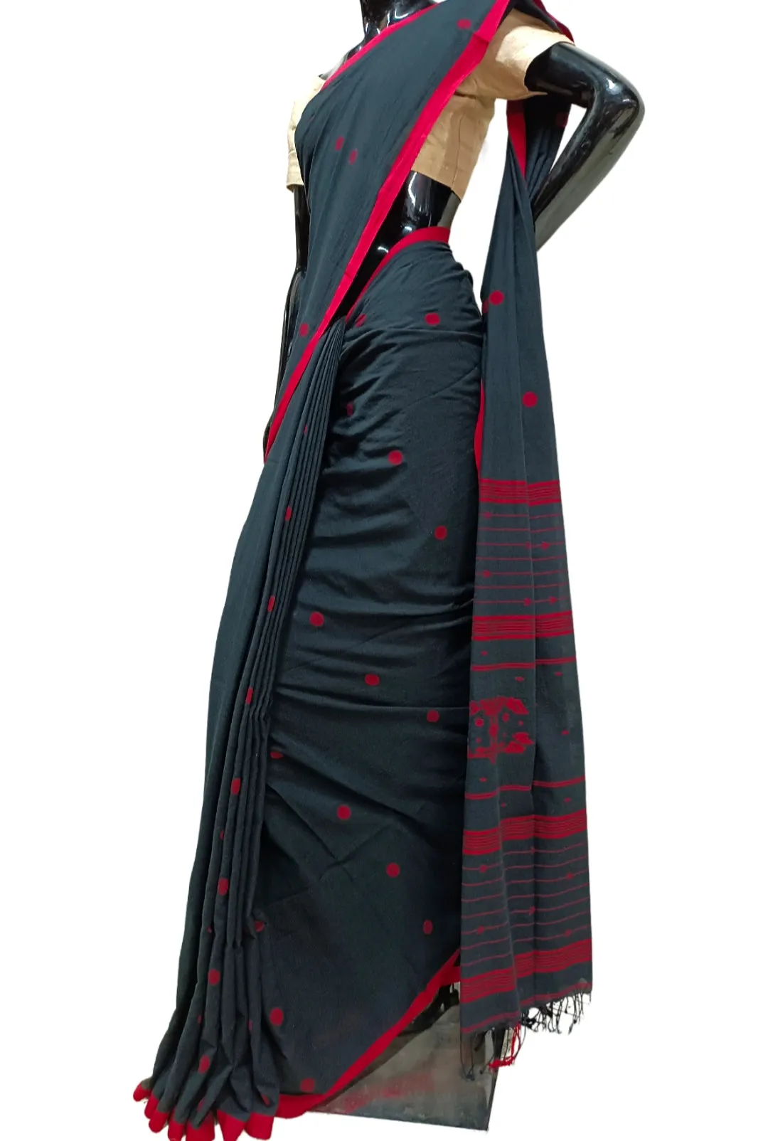 Black Handloom Cotton, Handwoven Jamdani Saree